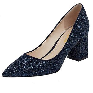 YDN Chunky Low Heel Pumps Pointy Toe Slip On